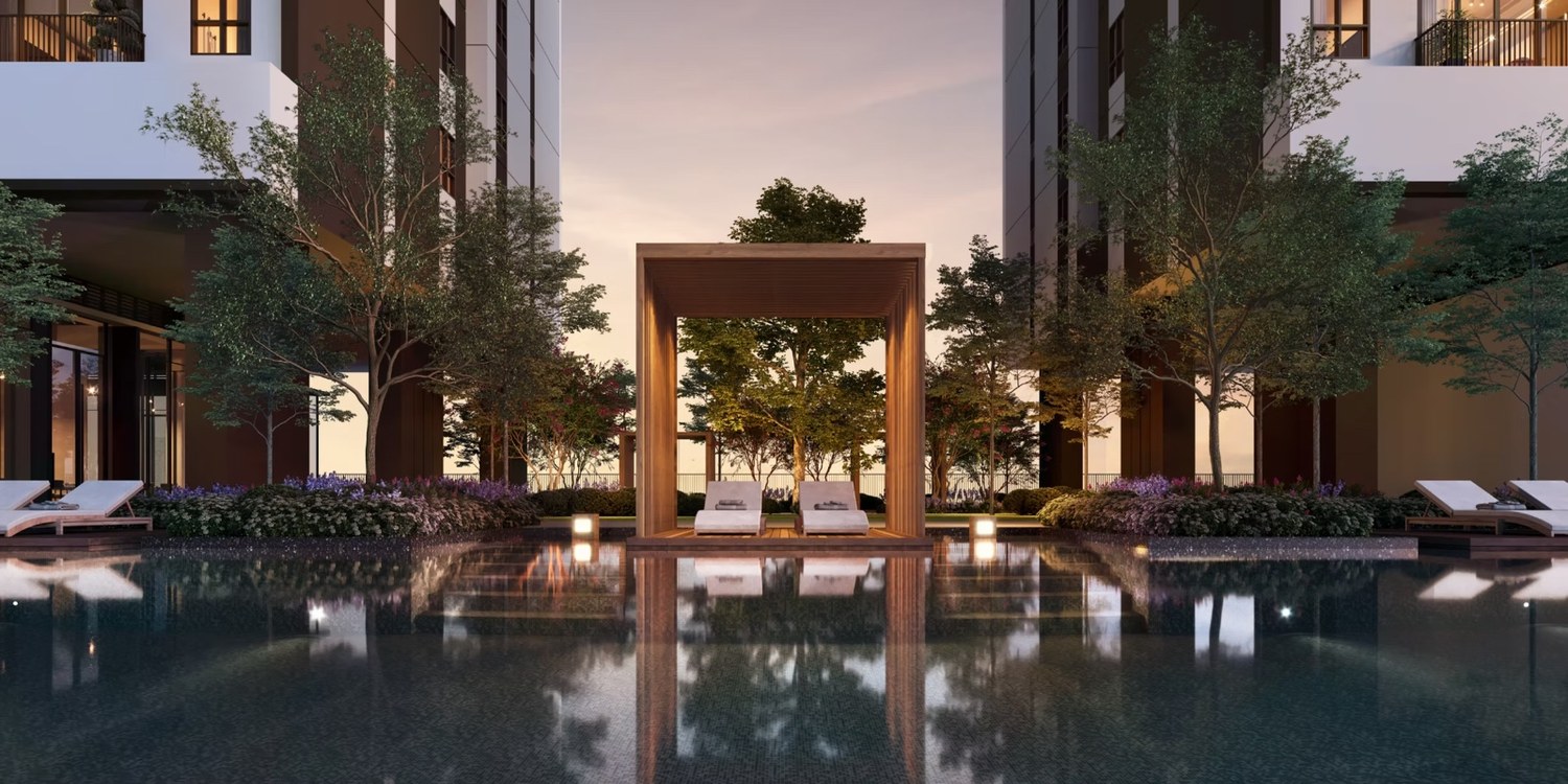 Feature cabana beside reflecting pool at Aras Residences