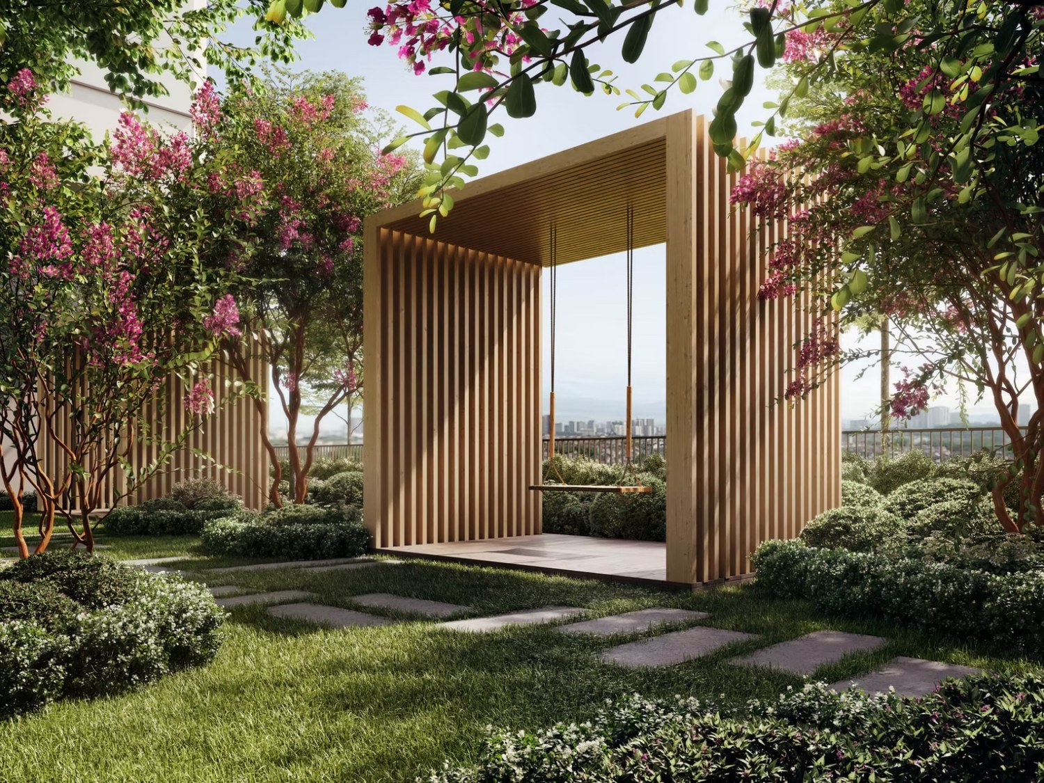 Hanami flower path with garden swing at Aras Residences