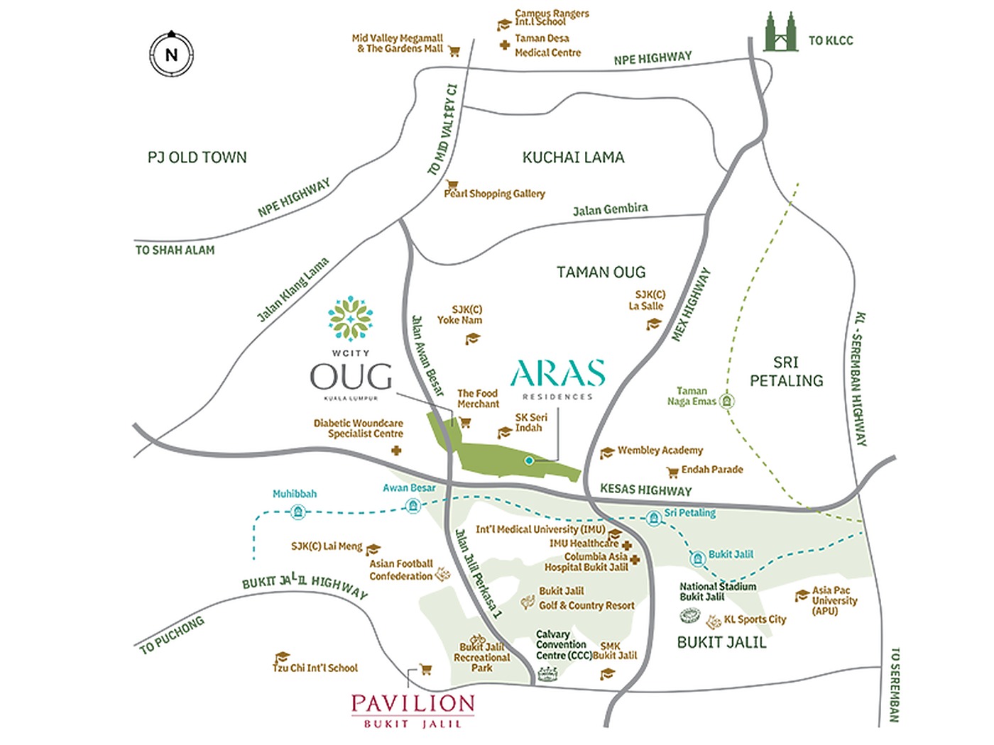 Map showing Aras Residences at WCity OUG and its distance to key Kuala Lumpur landmarks