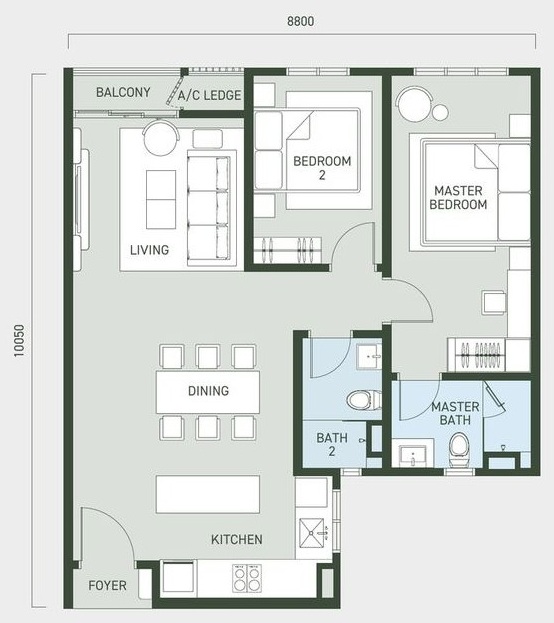 Type A floor plan, 850 square feet, 2 bedrooms 2 bathrooms