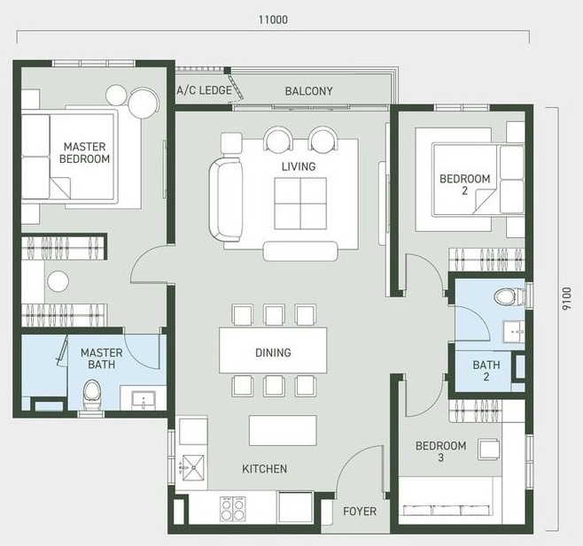 Type B floor plan, 1062 square feet, 3 bedrooms 2 bathrooms